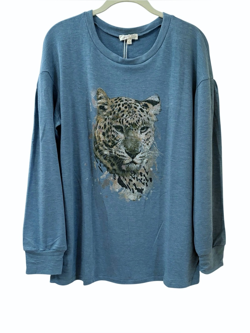 Mystree Teal Blue Leopard Print Long-Sleeve Top